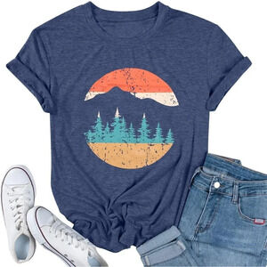 β€Women Blue Mountain Hiking Shirt Sunrise Graphic Tees Casual Short Sleeve Tops